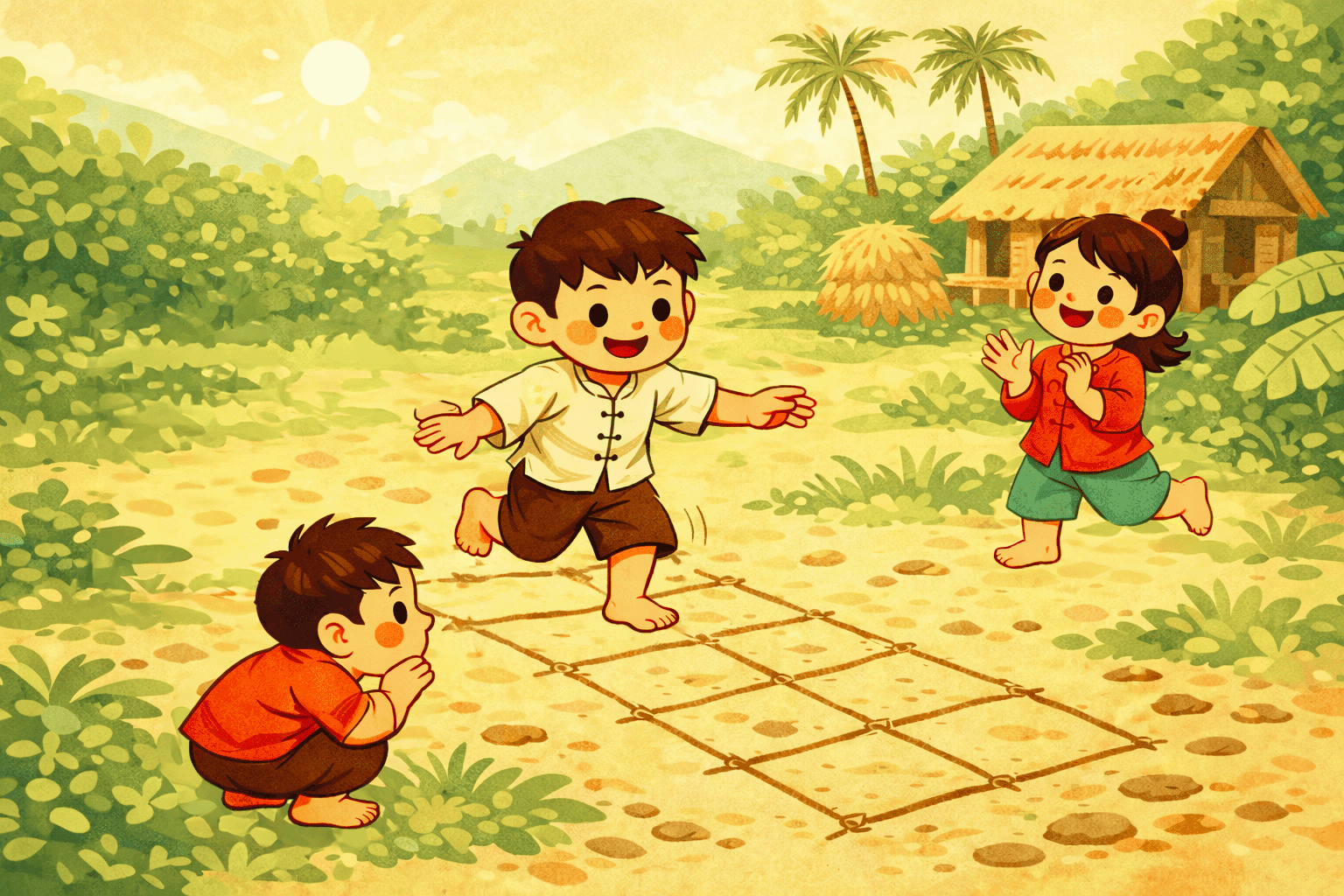 Trẻ em chơi trò Nhảy lò cò — tranh minh họa Mộc Ký